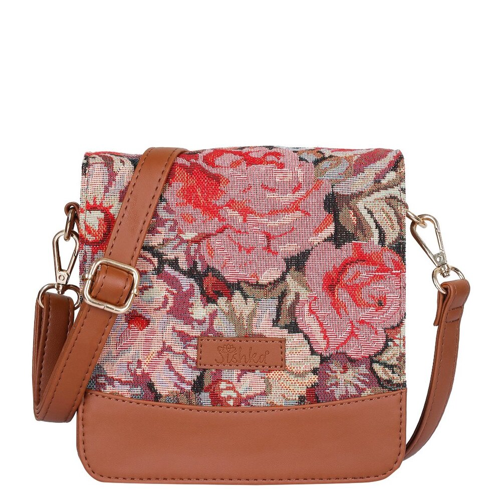 Ladies’ Floral Tapestry Crossbody Bag | Sling Purse with Vegan Leather Trim bag